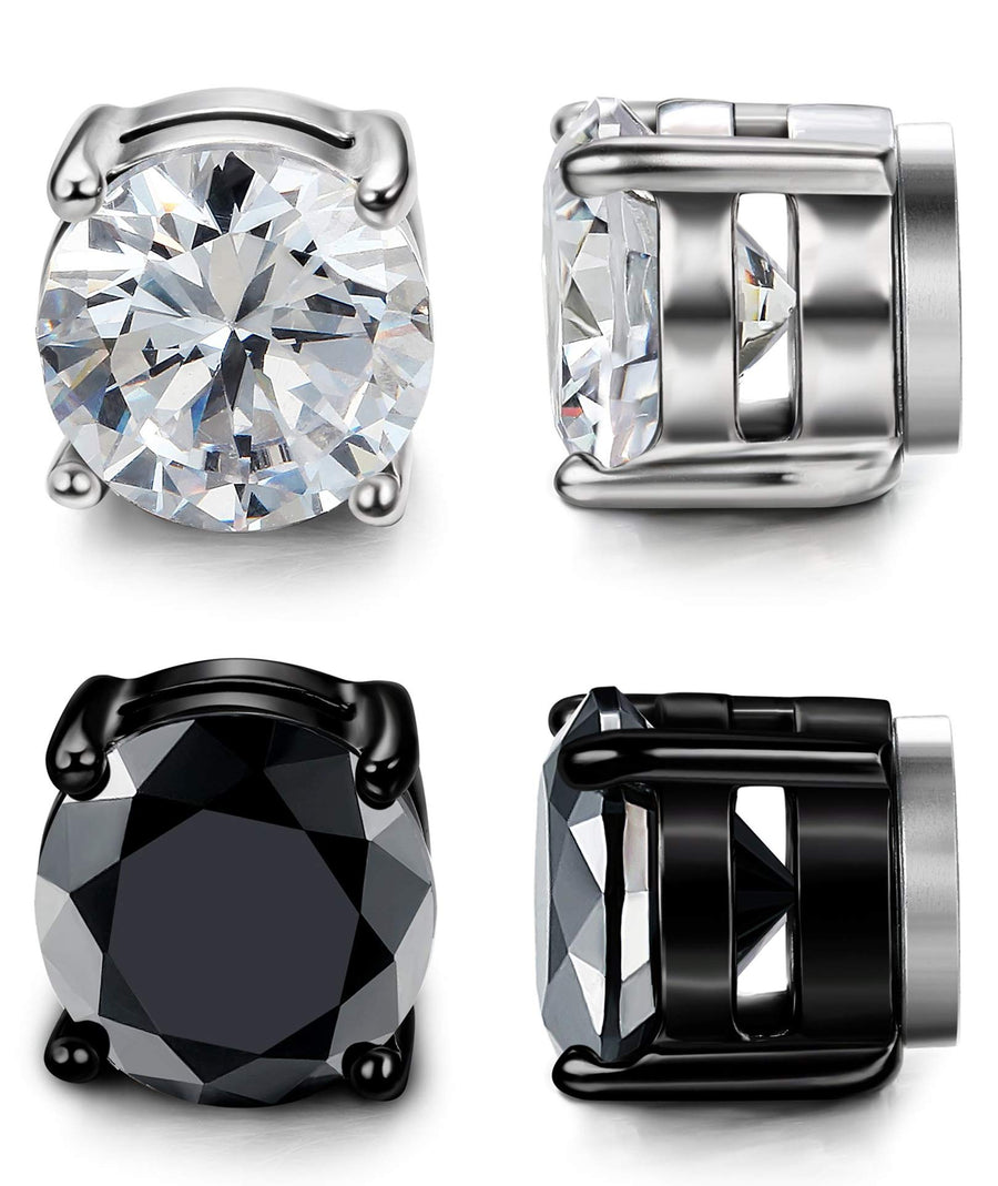 Stainless Steel Stud Earrings for Men Women Unisex Cubic Zirconia Inlaid 2 Pairs 8MM