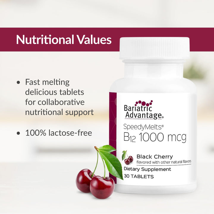 Bariatric Advantage B-12 Speedy Melts, Vitamin B12 1000 mcg Supplement, Fast Melting with 200 mcg of Folic Acid for Nutritional Support - Black Cherry, 30 Count