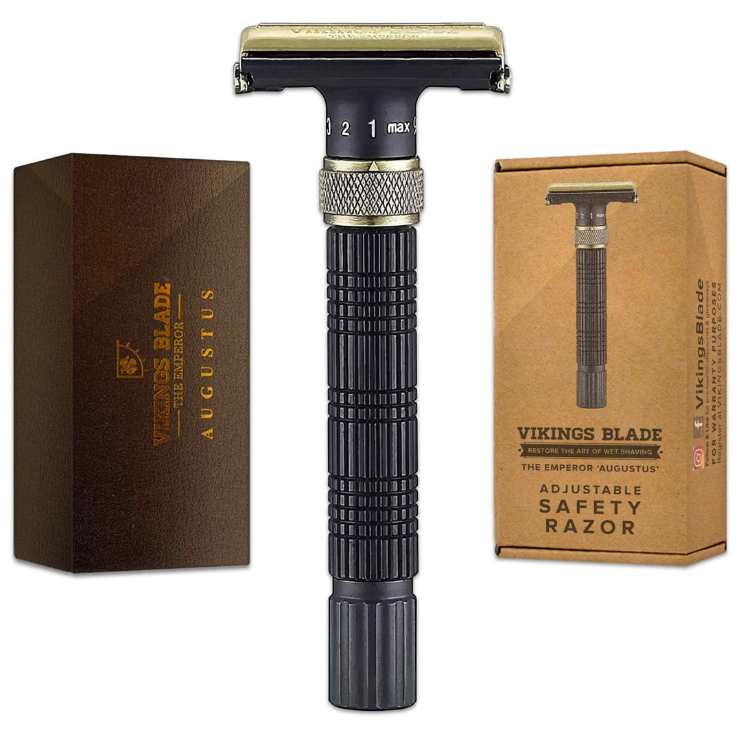 Adjustable Double Edge Safety Razor, The Crusader by VIKINGS BLADE, Long Handle, Butterfly Twist-To-Open Head, Eco Friendly, Luxury Leatherette Case. Smooth, Close, Clean Shaving (Variation: Ragnarr)