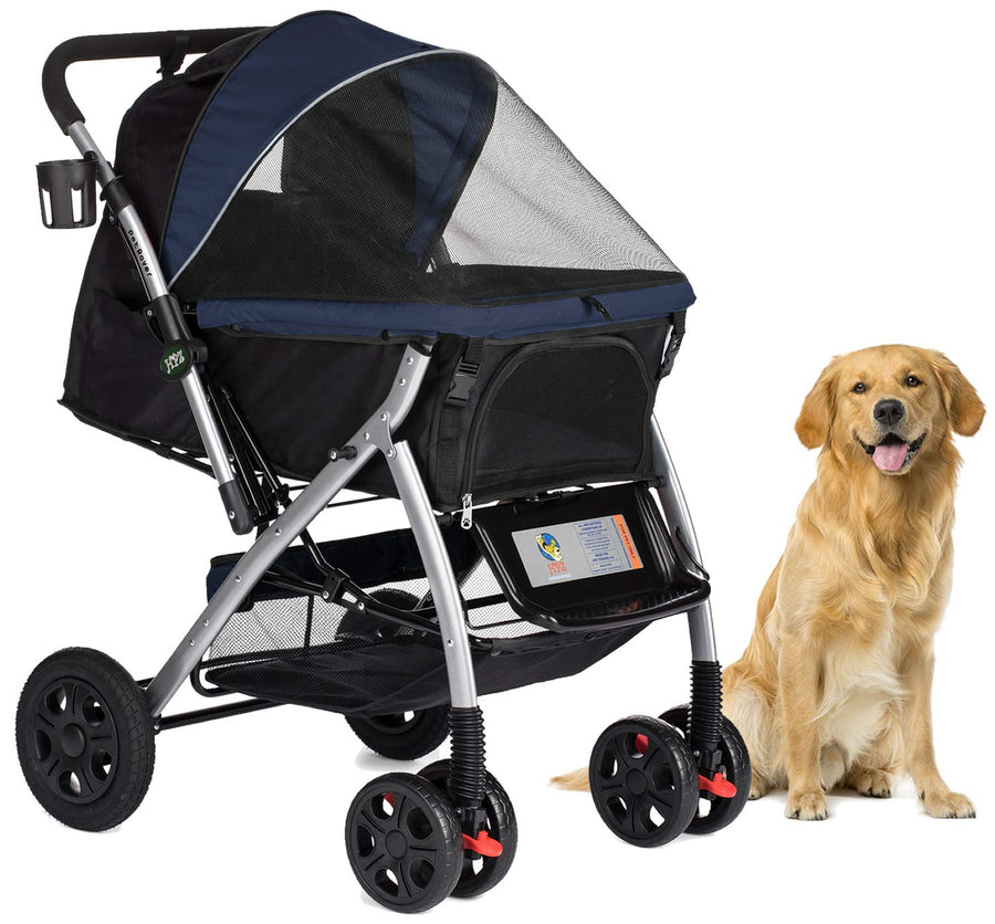 Pet Rover Premium Heavy Duty Dog/Cat/Pet Stroller Travel Carriage With Convertible Compartment/Zipperless Entry/Reversible Handle/Pump-Free Rubber Tires for Small, Medium, Large Pets-Midnight Blue