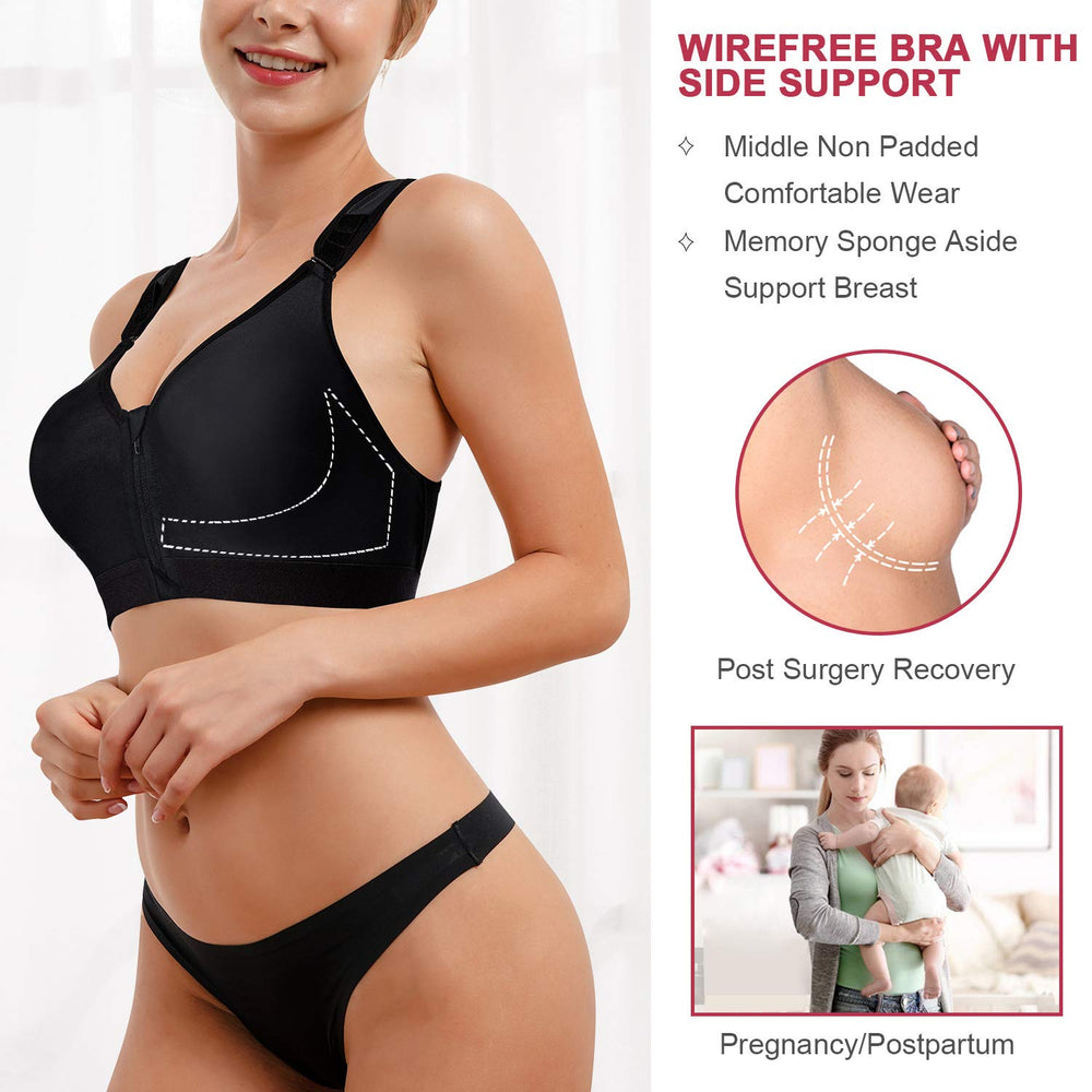 Women Post-Surgical Bra Zip Front Post Surgery Sports Bras Racerback Support Wireless Adjustable Straps (L, Black)