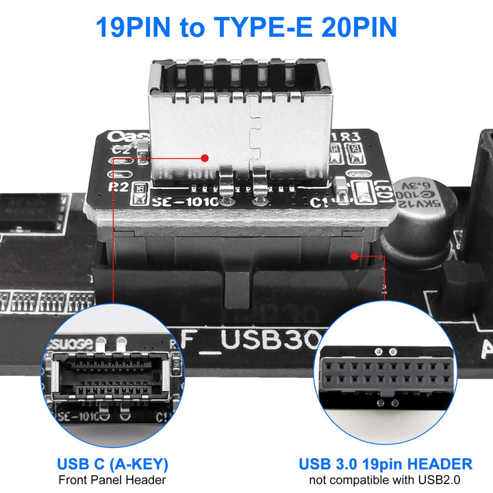 USB 3.1 Front Panel Adapter,Internal Vertical USB 3.0-IDC 20 Pin/19Pin to Type E Key-A 20 Pin Header Adapter for Type C Panel Mount Adapter