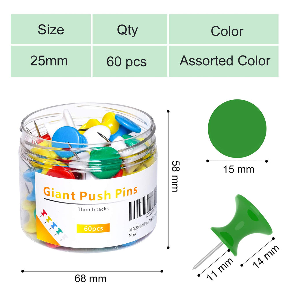 60 PCS Gaint Push Pins, 1 Inch, Jumbo Thumb Tacks, Steel Point and Plastic Head, Large Thumbtacks for Bulletin Board Cork Board, Long pushpins for Wall (Multicolor), (push pins-032861)