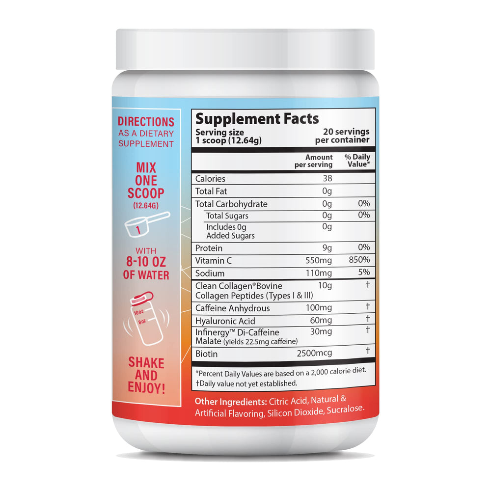 Peptide Energy Collagen Powder Hair, Nail, Skin, Type I & III,Caffeine for Energy, Vitamin C, Biotin, Hyaluronic Acid, Zero Sugar – 8.92 oz (Strawberry Margarita)