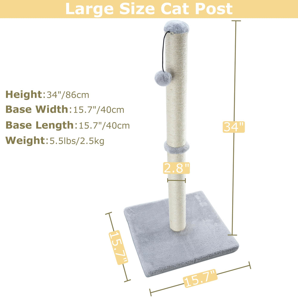34 Tall Cat Scratching Post for Large Cats and Kittens, High Vertical Scratcher with Premium Natural Sisal Rope and Interactive Hanging Ball for Indoor Cat(Grey, 34 inches for Large Cats)