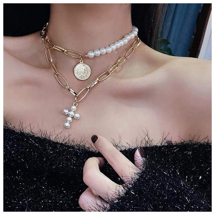 Bohemia Layered Choker Necklace Pearl Cross Necklace Coin Neckalce Gold Disc Coin Pearl Cross Charm Pendant Necklace for Women and Girls