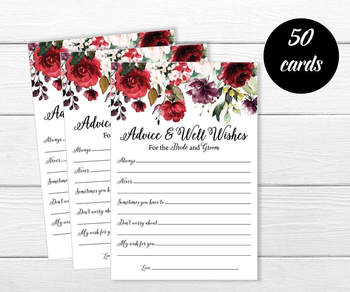 50 Burgundy Watercolor Floral Wishes for The Bride and Groom - (50-Cards) Wedding Advice and Well Wishes Guest Book Alternative Rustic Vintage