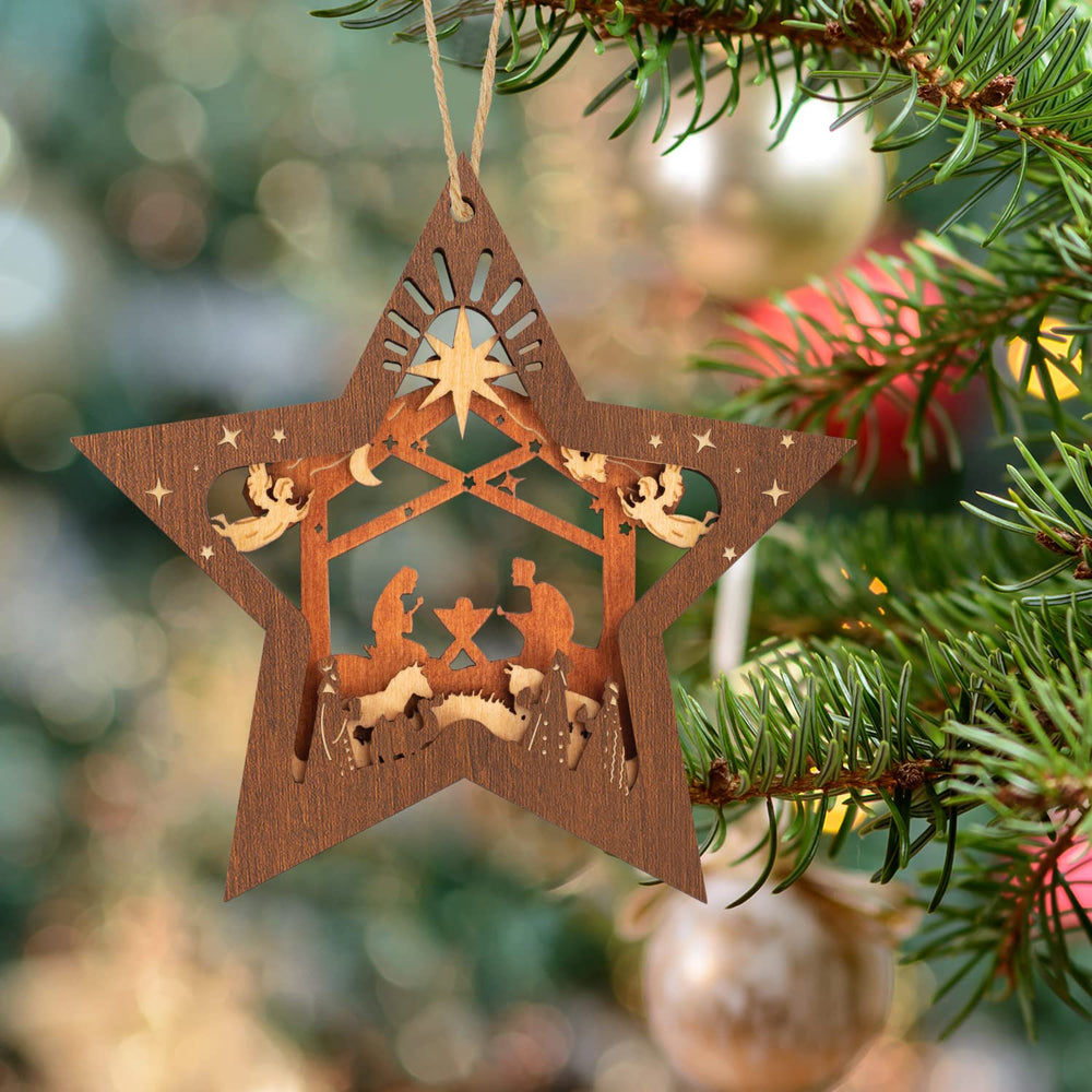 Nativity Scene Ornaments, Christmas Wooden Hanging Ornament Star Shaped Nativity Scene Keepsake for Xmas Tree, The Birth of Jesus Decoration, Religious Gift for Family Friends and Christian