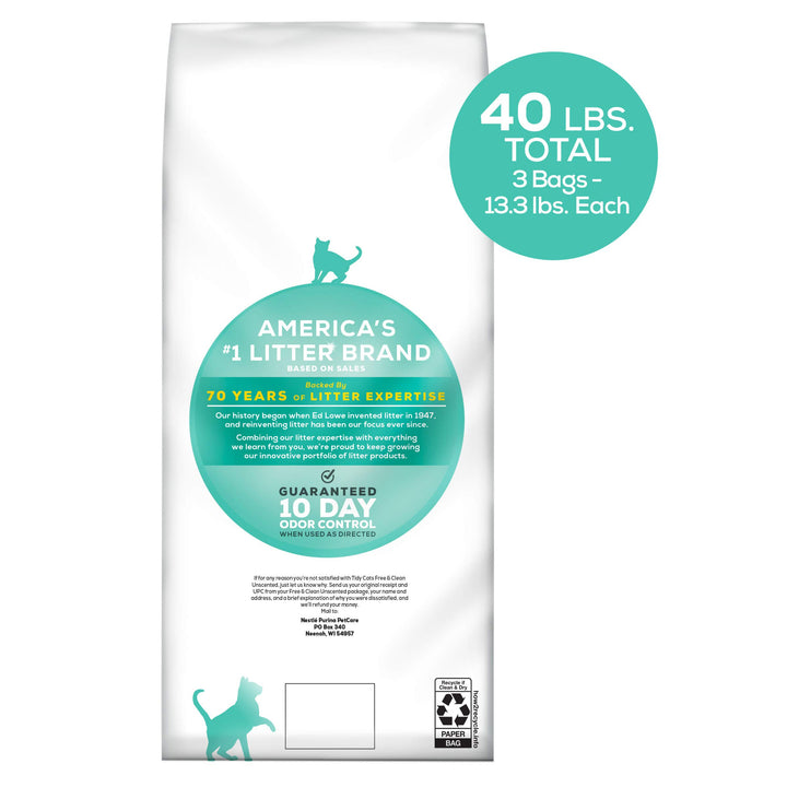 Purina Unscented Cat Litter, Free &amp; Clean Clumping Clay Cat Litter, Recyclable Box - (Pack of 3) 13.33 lb. Bags