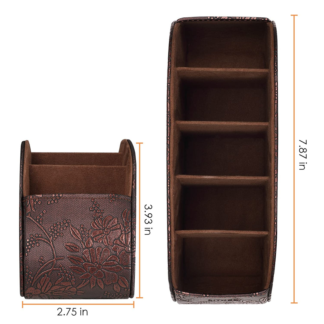 Remote Control Holder with 5 Compartments - PU Leather Remote Caddy Desktop Organizer Store TV, DVD, Blu-Ray, Media Player, Heater Controllers, Antique
