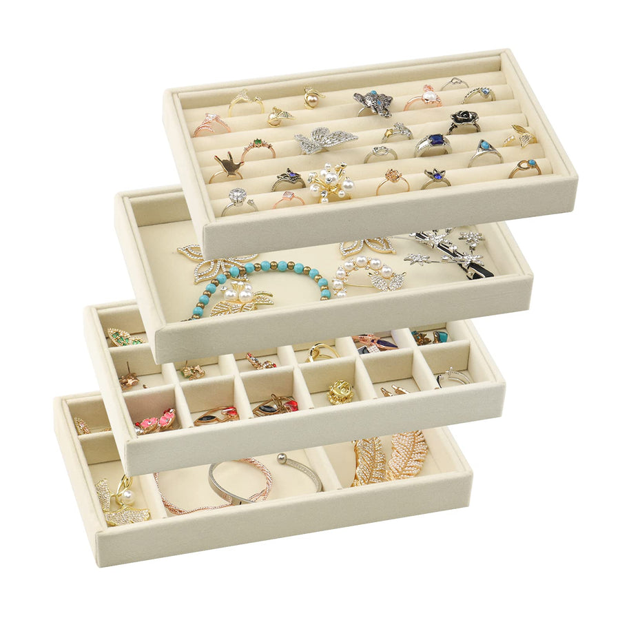Velvet Jewelry Trays Organizer for Drawers, Small Stackable Jewelry Display Tray for Ring Earring Bangle Bracelet Necklace, Set of 4, Beige