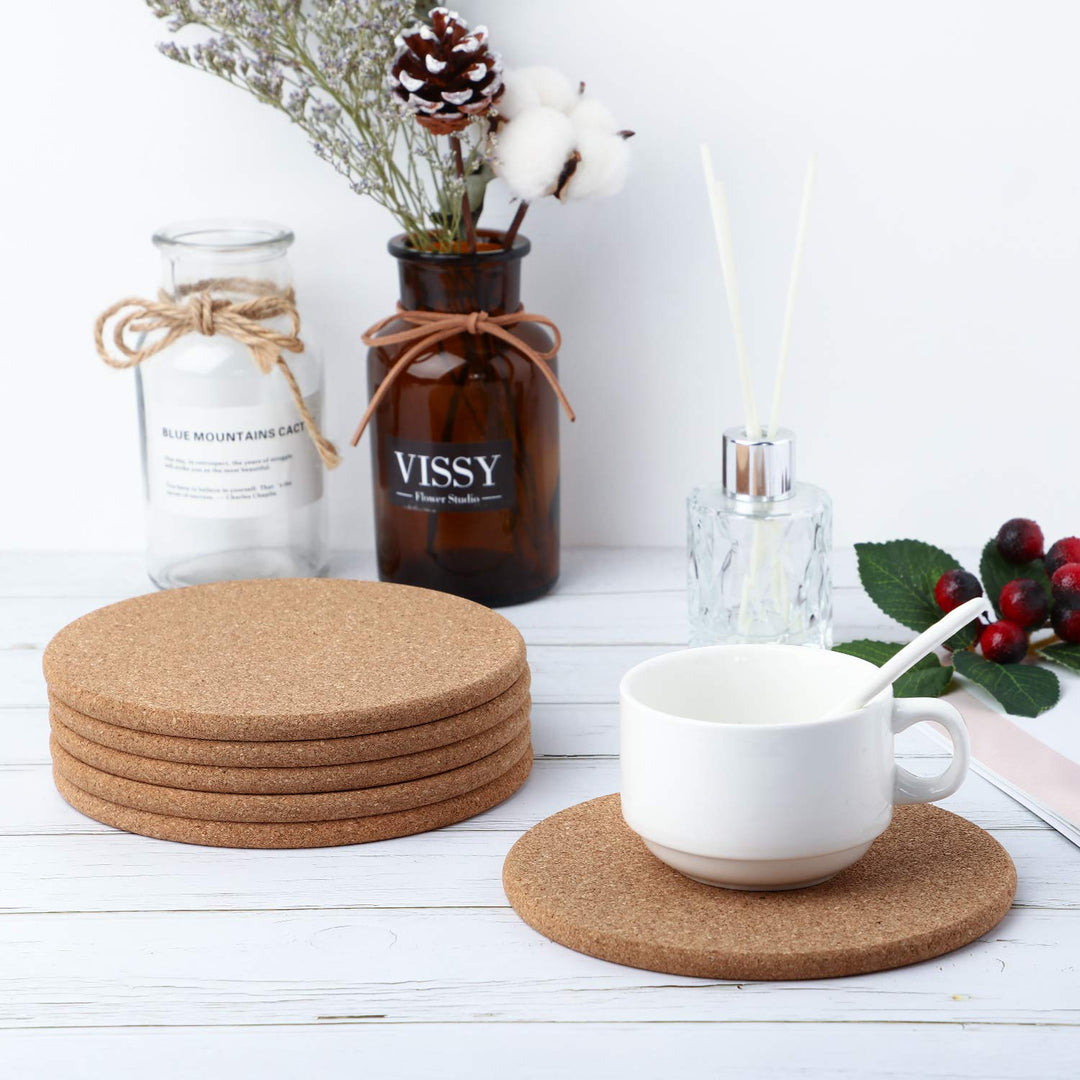 6 Pieces Round 6 Absorbent Cork Coasters Wooden 0.3 Inch Thick Cork Drink Coasters for Home, Drinks Coffee Table Dining Wooden Table Desk