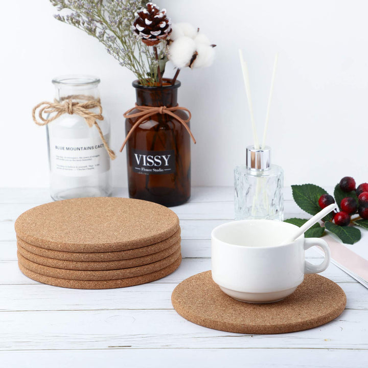 6 Pieces Round 6 Absorbent Cork Coasters Wooden 0.3 Inch Thick Cork Drink Coasters for Home, Drinks Coffee Table Dining Wooden Table Desk