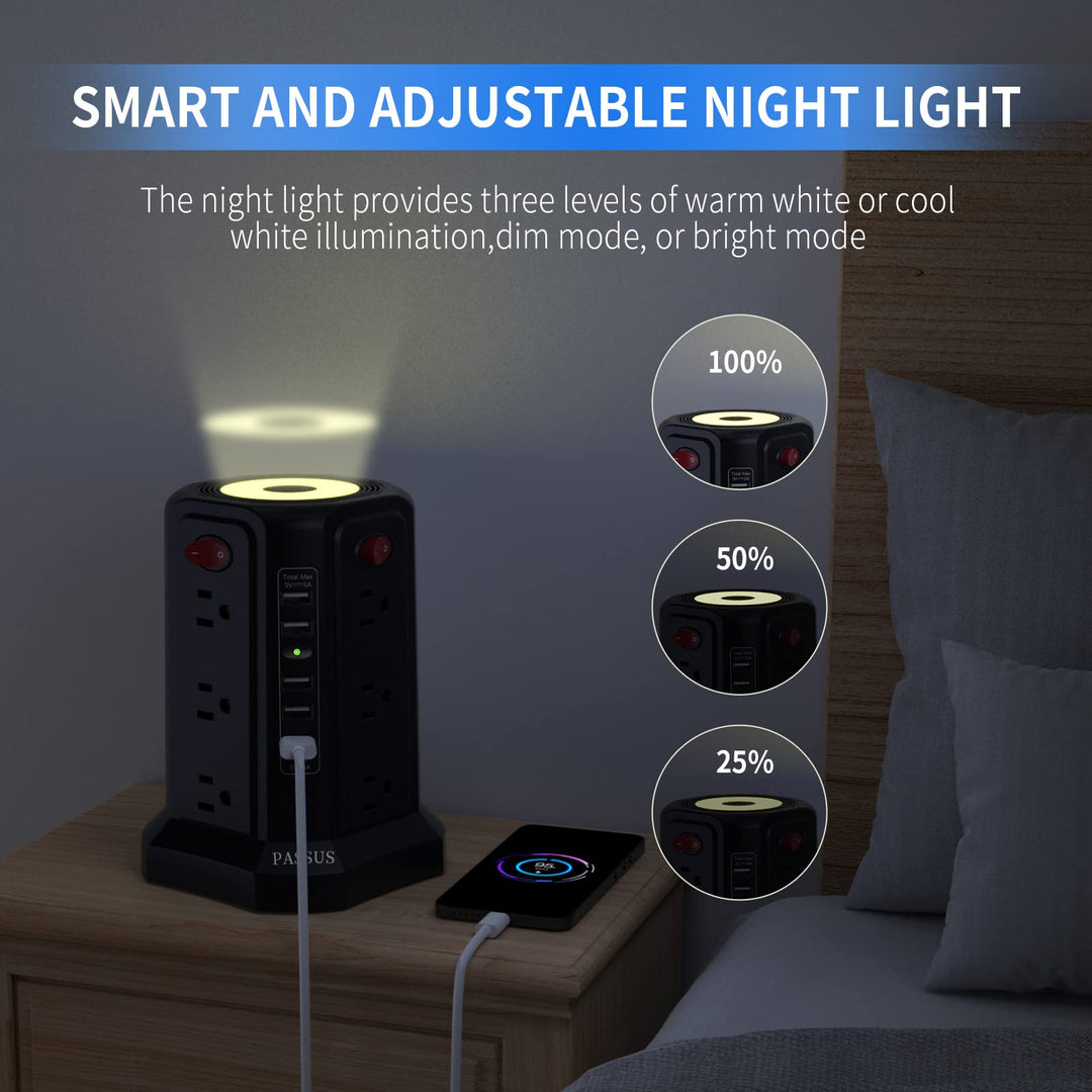 Surge Protector Power Strip Tower with 5 USB Ports and Night Light,10FT Extension Cord with 12 AC Multiple Outlets, Power Tower Overload Protection for Home Office Dorm Room Essentials(Black)