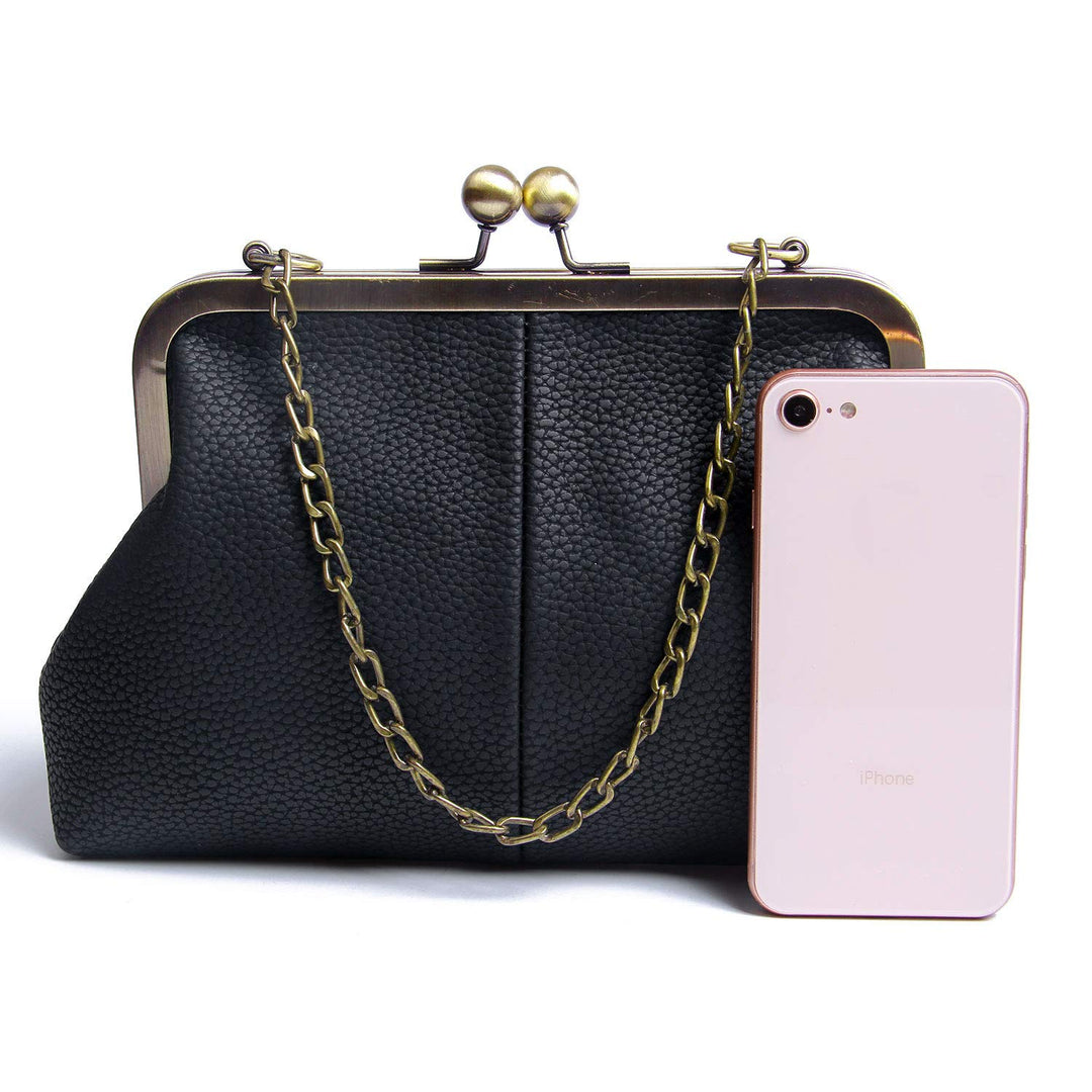 Women Classical Kiss Lock Clutch with Chain Strap Shoulder Bag Purse Wallet
