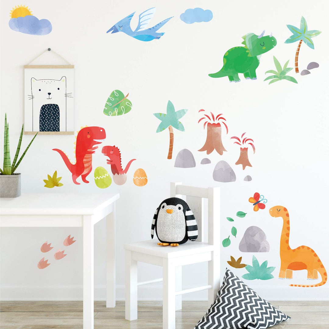 Watercolor Dinosaurs Jurassic Park Peel and Stick Wall Art Sticker Decals for Boys Room / Nursery / Classroom / Playroom
