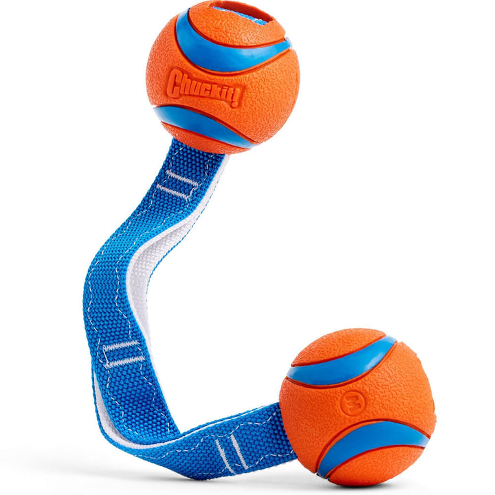 Ultra Duo Tug Dog Toy - Two Ultra Balls on a Durable Nylon Cord Handle - Fetch and Tug-of-War Toy for Dogs - Size Medium - For Breeds 20-60 lbs - 2.5-inch Diameter - Orange and Blue
