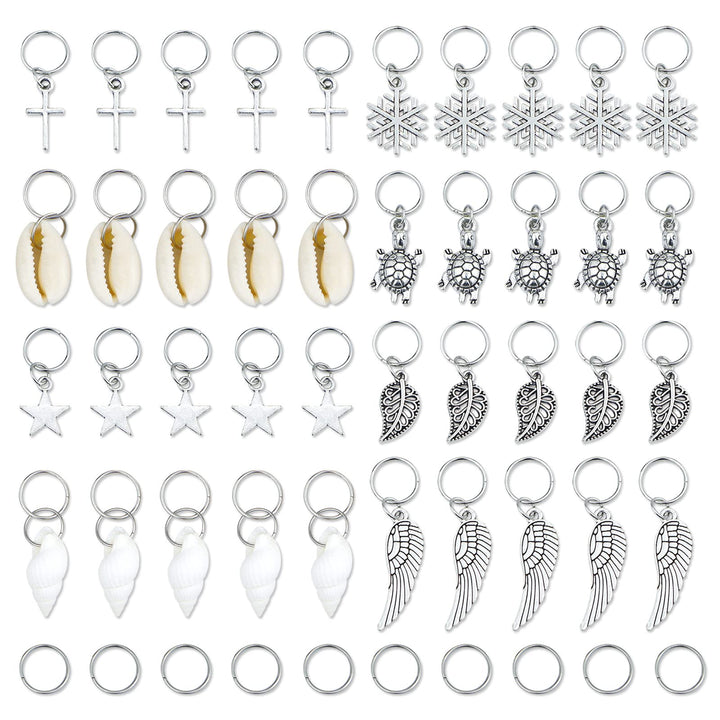 Hair Braid Rings, 50PCS Hair Loops Clips Silver Ring Shell Leaves Star Conch Snowflake Pendant Charms Set Hair Clip Headband Accessories