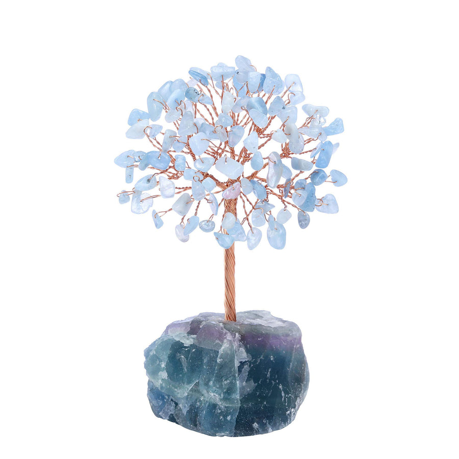 Natural Aquamarine Crystal Tree, Raw Healing Crystals Fluorite Base Bonsai Money Tree for Home Office Table Decor Wealth and Luck