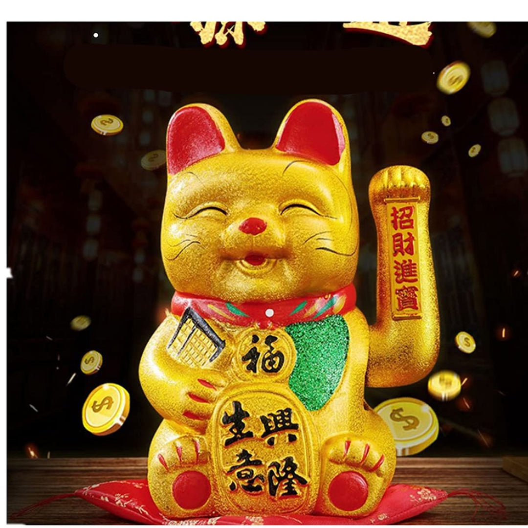 Lucky Cat,BeckoningCeramic Maneki Neko Lucky Fengshui Cat,Japanese Lucky Cat with Waving Arm Gold Battery Operated(7 inches)