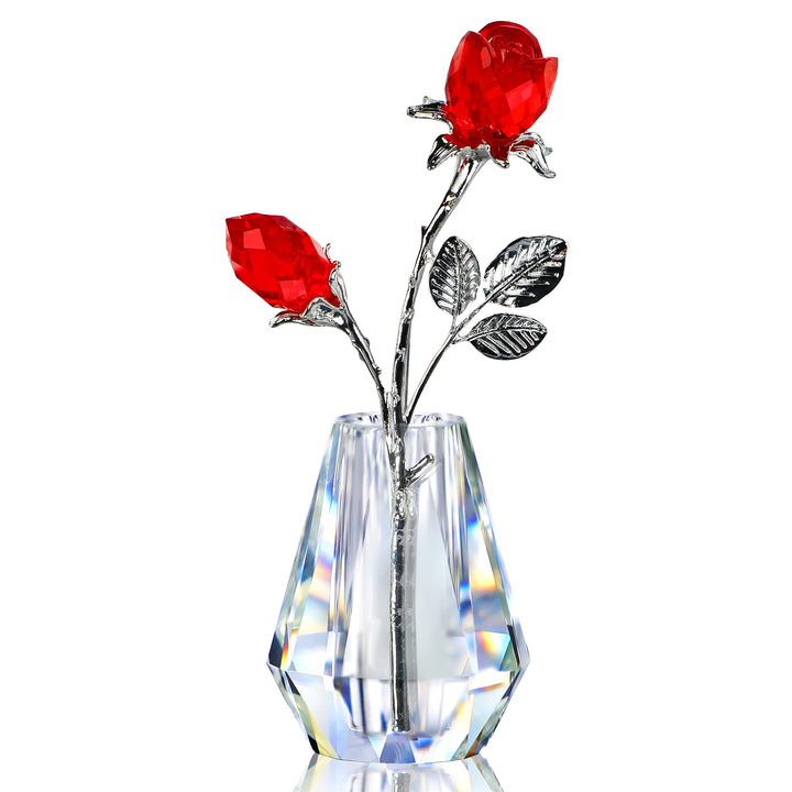 H&amp;D HYALINE &amp; DORA Crystal Red Rose Figurine Collectible Glass Double Roses Flowers Bouquets Ornament Silver Stem with Crystal vase Decor for Home Wedding Party