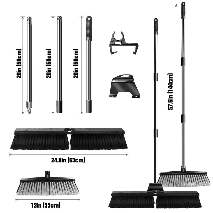 24 Large Push Broom,Outdoor Brooms with 57.6 in Stainless Steel Long Handle for Yard Floor Cleaning,Multi-Surface Stiff Bristles Garage Heavy Duty Broom,Extra 12 Indoor/Outdoor Broom Head
