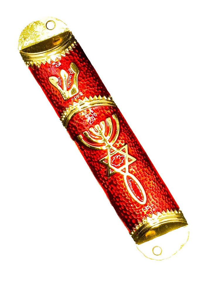 SOLOMON4U Hand Painted Red Enamel Jewish Mezuzah Embellished with Gold Accents and The Messianic Seal Wall Décor Scroll Included Made in Israel (4.2 Inches) (RED)