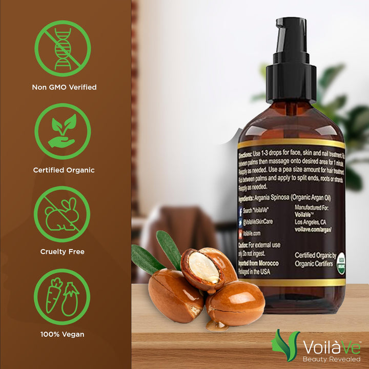 USDA and ECOCERT 100% Pure Organic Moroccan Argan Oil for Skin, Nails &amp; Hair Growth, Anti-Aging Face Moisturizer, Cold Pressed, Hair Moisturizer, Rich in Vitamin E, As Seen On TV - 4 fl oz