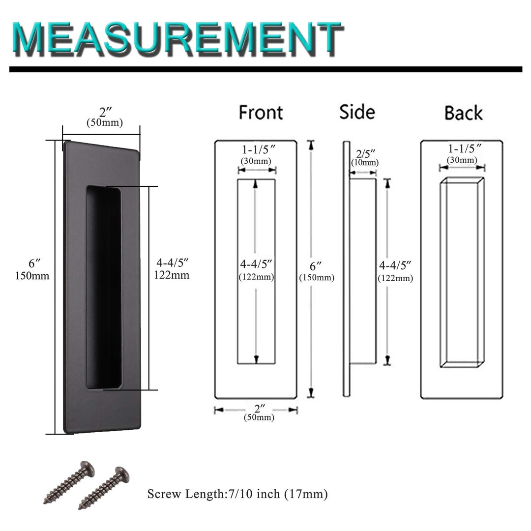 6 Black Rectangular Flush Pull (10 Pack) Stainless Steel Recessed Sliding Barn Door Handle Free of Sharp Edge Hidden Concealed Screws