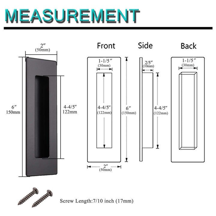 6 Black Rectangular Flush Pull (10 Pack) Stainless Steel Recessed Sliding Barn Door Handle Free of Sharp Edge Hidden Concealed Screws