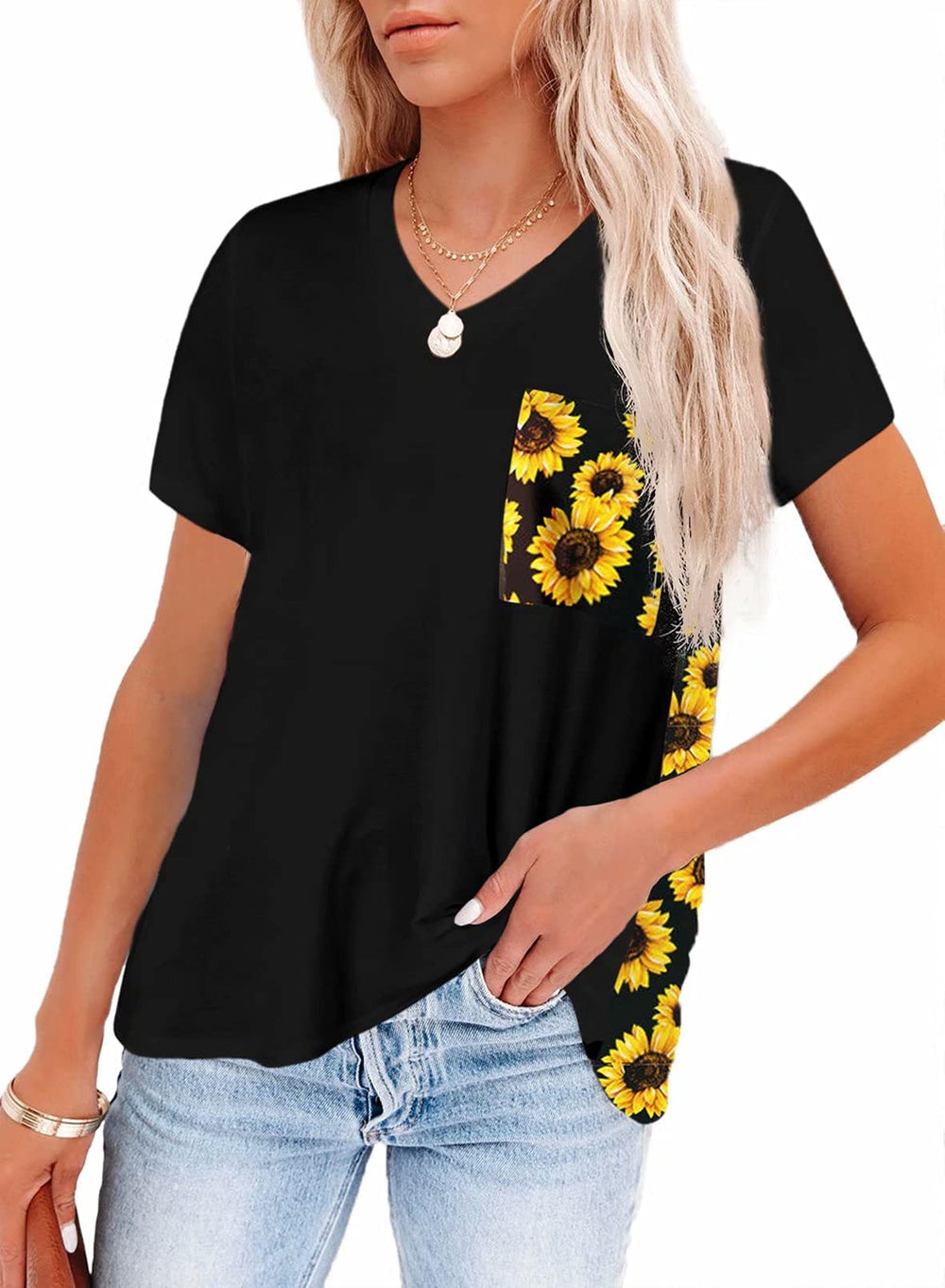 Women's Sunflower Printed Splicing T-Shirt Short Sleeve Patchwork V Neck Blouse Tunic