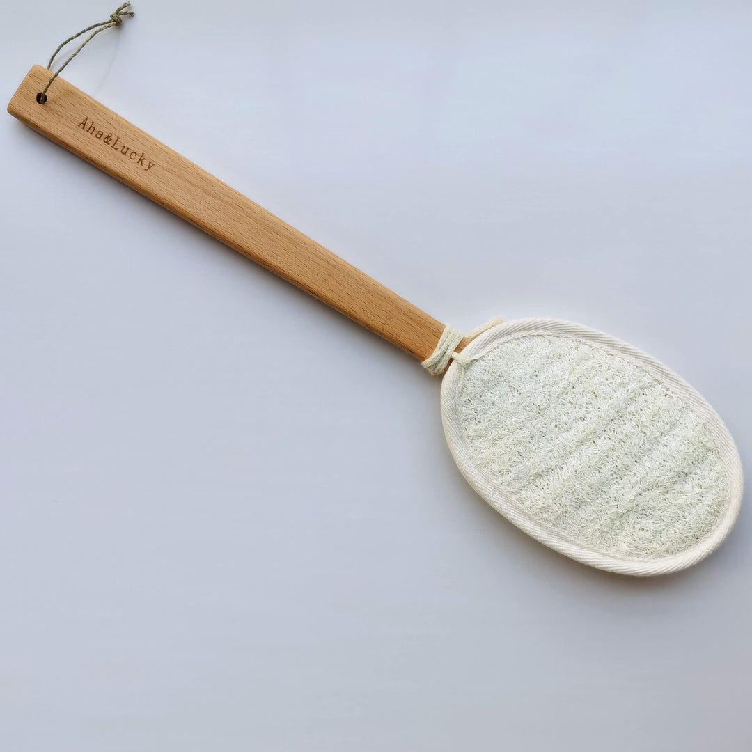 Aha&amp;Lucky Shower Body Brush with Double Side Natural Exfoliating Loofah,Ergonomic Designed 17inches Long Beech Handle for Back Scrubber