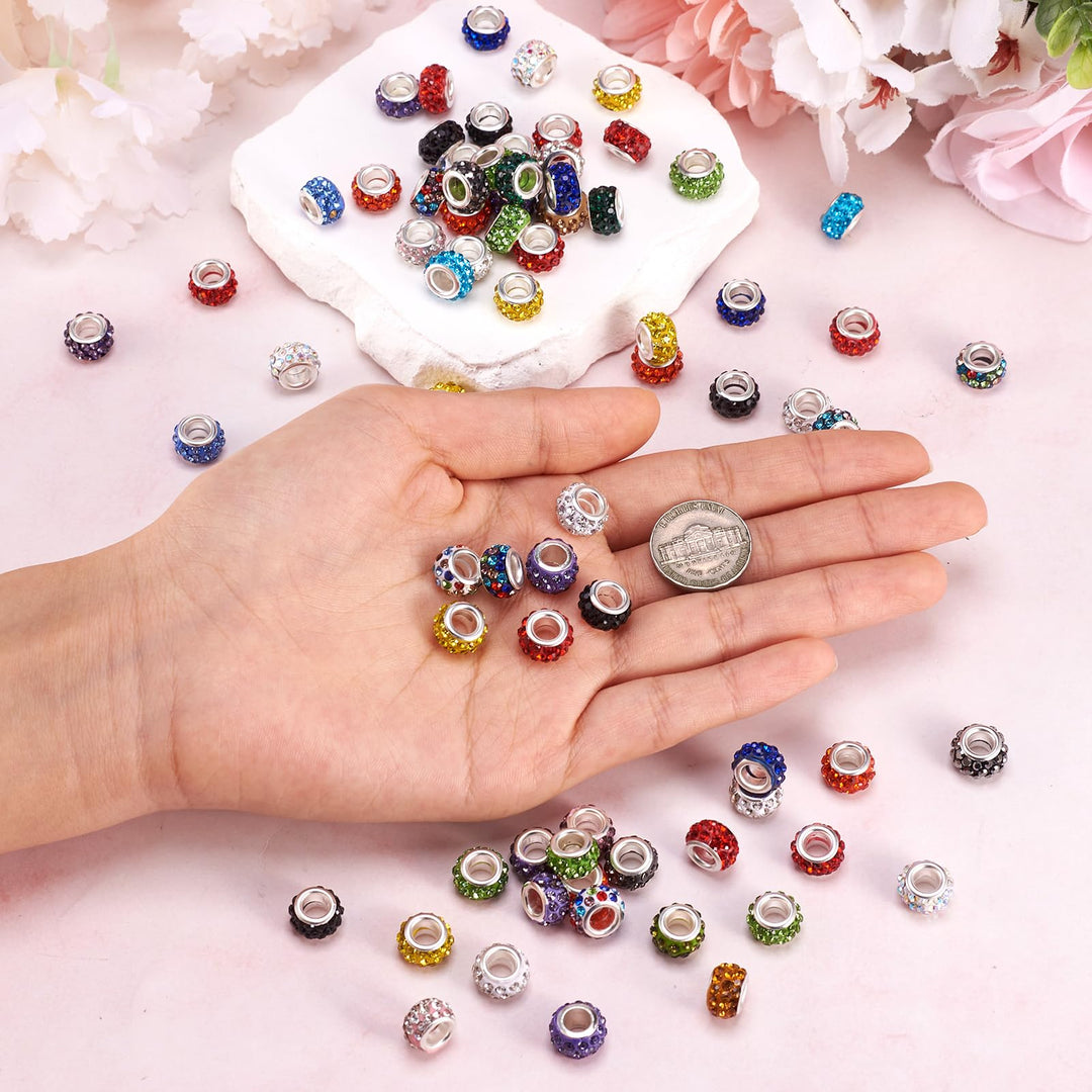 100Pcs Random Mixed Color Polymer Clay Large Hole European Beads with Rhinestone 11-12x7-7.5mm Rondelle Slide Bead Spacers for DIY Snake Chain Bracelet Making 5mm Big Hole