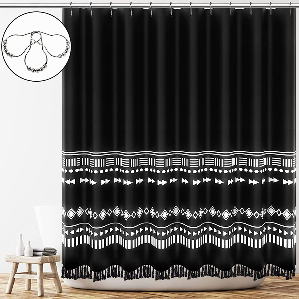 Black Boho Shower Curtain Set, Modern Farmhouse Tassel Shower Curtain, Abstract Geometric Shower Curtain for Bathroom Decor, Tribal Fabric Standard Shower Curtain with Stripe Knotted-Tassel , 72 x 72
