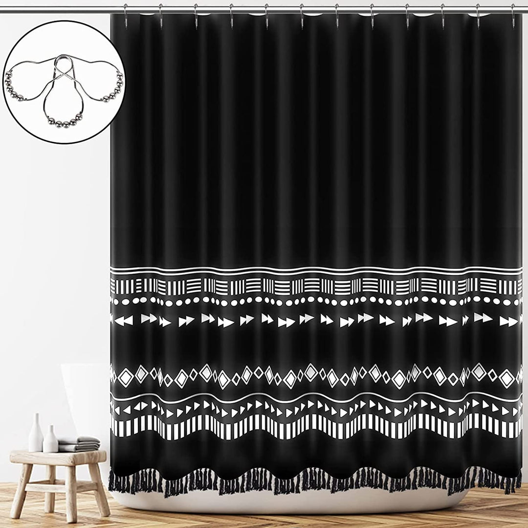 Black Boho Shower Curtain Set, Modern Farmhouse Tassel Shower Curtain, Abstract Geometric Shower Curtain for Bathroom Decor, Tribal Fabric Standard Shower Curtain with Stripe Knotted-Tassel , 72 x 72