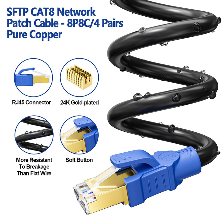 Cat 8 Ethernet Cable 50ft, Indoor&amp;Outdoor, Heavy Duty high Speed 26AWG Internet Network Cable, 40Gbps 2000Mhz RJ45 Shielded LAN Cable, Weatherproof Pure Copper LAN Cable for Modem Gaming, 15 Clips