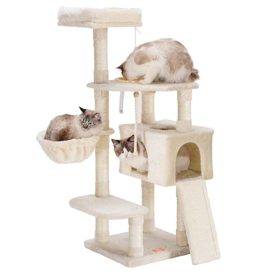 Cat Tree, Cat Tower for Indoor Cats with Scratching Board, Multi-Level Cat Furniture Condo with Feeding Bowl Light Gray HCT010M