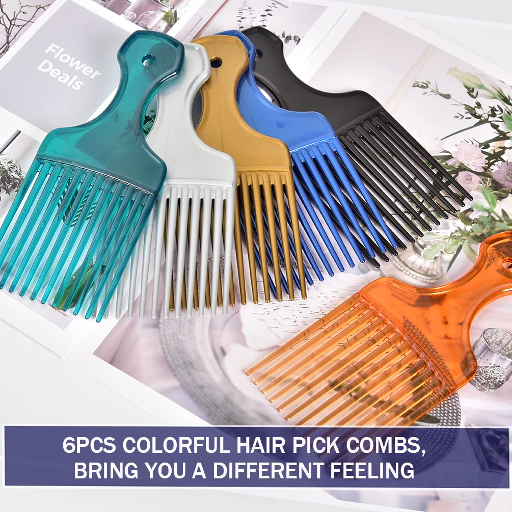 6 Pack Hair Picks for Curly Hair, 6.3 Inch Plastic Afro Pick for Women Men Hair Styling, Wide Tooth Afro Comb for Hairdressing (6 Colors)
