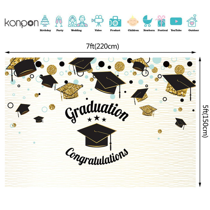 Graduation Congratulations Photography Backdrop Golden Black Graduation Cap Graduated Photo Background Photoshoot Studio Props Vinyl 7x5ft W-1415