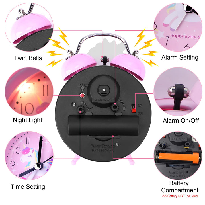 Unicorn Alarm Clock for Girls Kids, Cute Bedroom Decoration, Non Ticking Silent Second Hand, w/Backlight Super Loud Twin Bell, for Kids Toddlers Unicorn Gifts 1