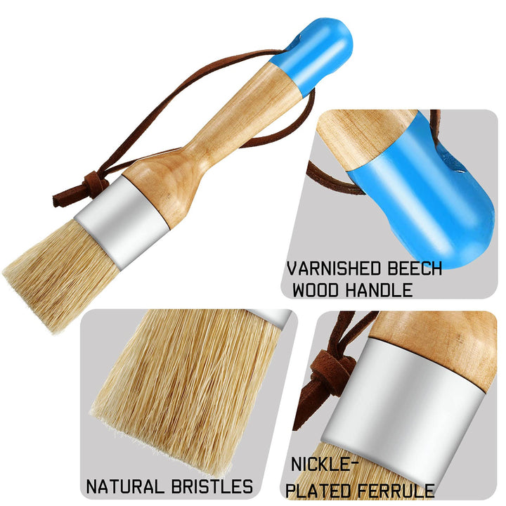 3 Pcs Chalk Paint Brushes Oval Paint Brush Chalk Paint Wax Brushes Bristle Paint Brushes for Furniture Stencils Home Decor, Including Flat Pointed and Round Chalk Paint Brushes(Blue)
