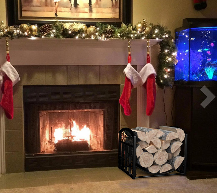 Firewood Rack Holder with Decorative Scroll Design - Outdoor and Indoor Metal Log Storage Bin for Fireplace, Firepit, and Wood Stove