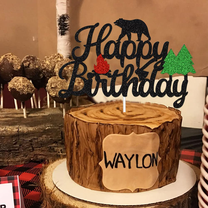 Camping Happy Birthday Cake Topper for Winter Lumberjack Bear Woodland Camping Hunting Themed Baby Shower Wild One 1st Birthday Party Supplies(Double-sided)