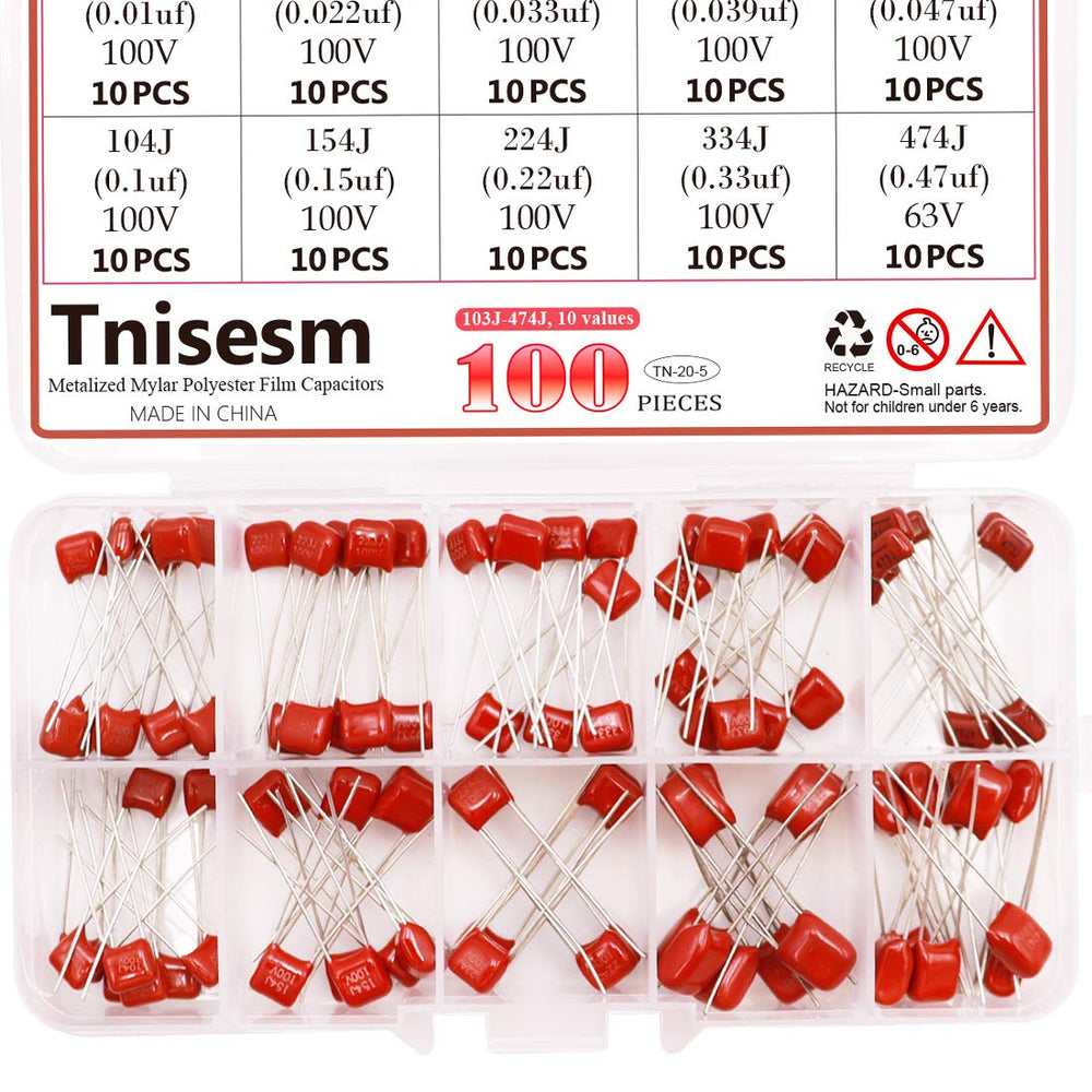 100 Pcs 10 Value Metalized Mylar Polyester Film Capacitors Assortment Kit 103nF - 474nF 100V and 63V in a Box Tn-20-5