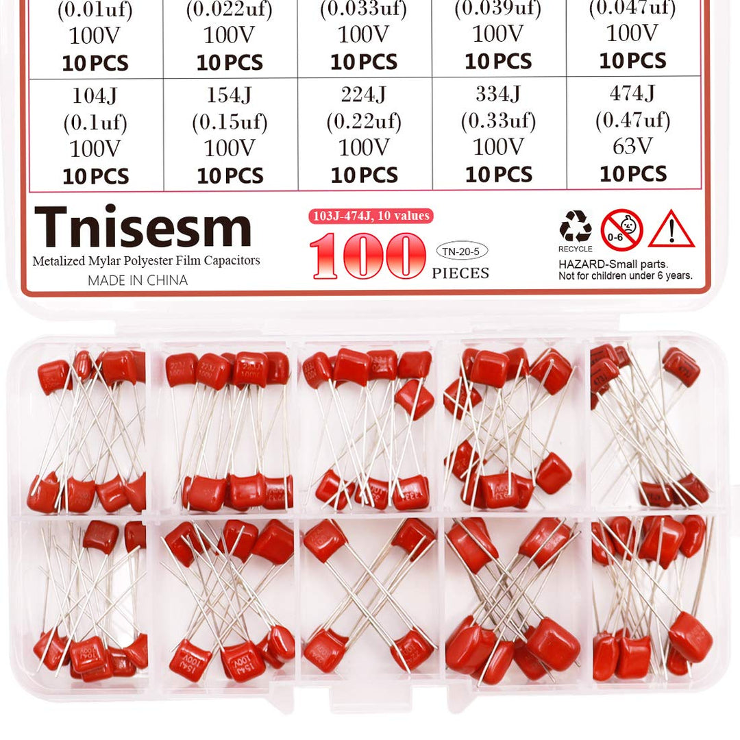 100 Pcs 10 Value Metalized Mylar Polyester Film Capacitors Assortment Kit 103nF - 474nF 100V and 63V in a Box Tn-20-5