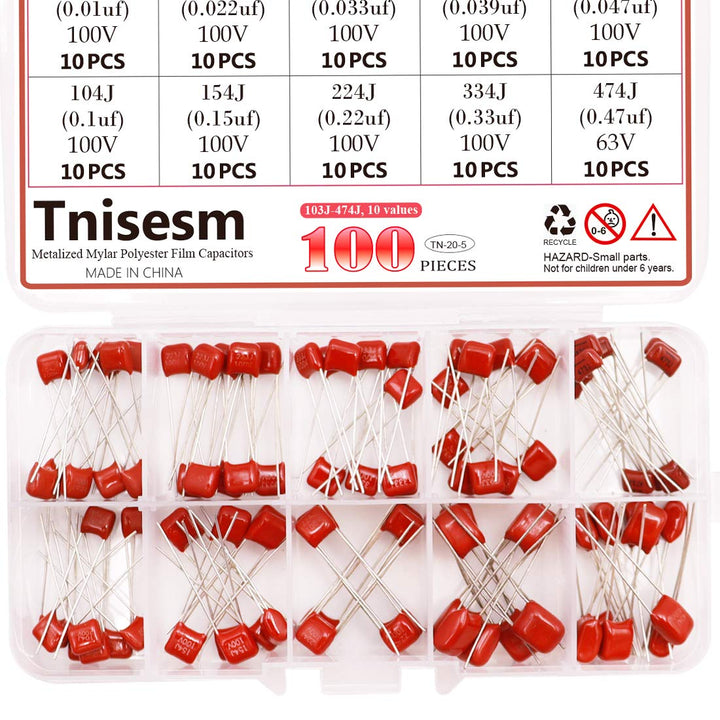 100 Pcs 10 Value Metalized Mylar Polyester Film Capacitors Assortment Kit 103nF - 474nF 100V and 63V in a Box Tn-20-5