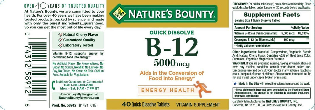 Vitamin B12 by Nature's Bounty, Quick Dissolve Vitamin Supplement, Supports Energy Metabolism and Nervous System Health, 5000mcg, 40 Tablets