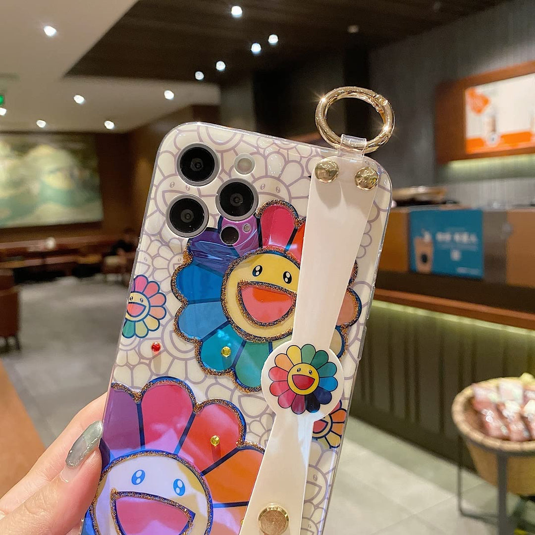 for iPhone 13 Pro Case Cute with Wrist Strap Kickstand Glitter Bling Cartoon IMD Soft TPU Shockproof Protective Cases Cover for Girls and Women - Sunflower