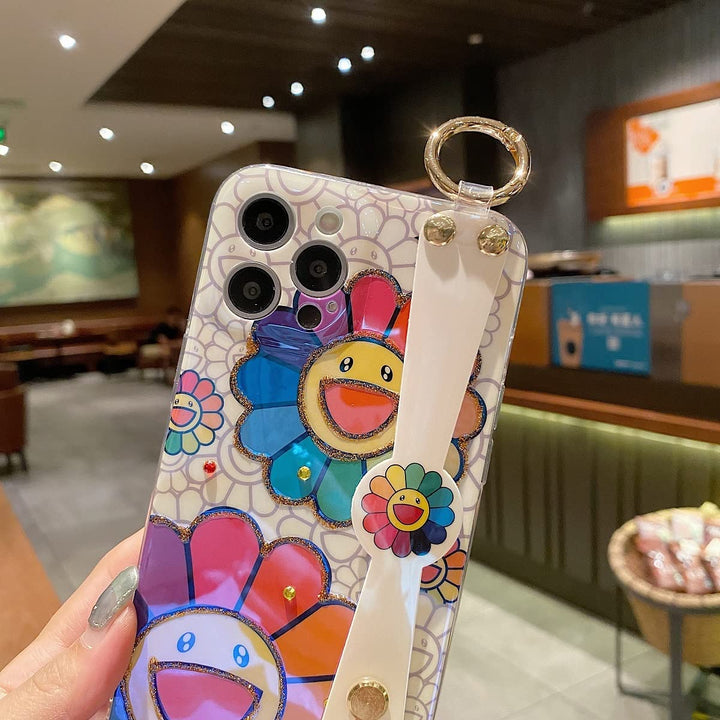 for iPhone 13 Pro Case Cute with Wrist Strap Kickstand Glitter Bling Cartoon IMD Soft TPU Shockproof Protective Cases Cover for Girls and Women - Sunflower