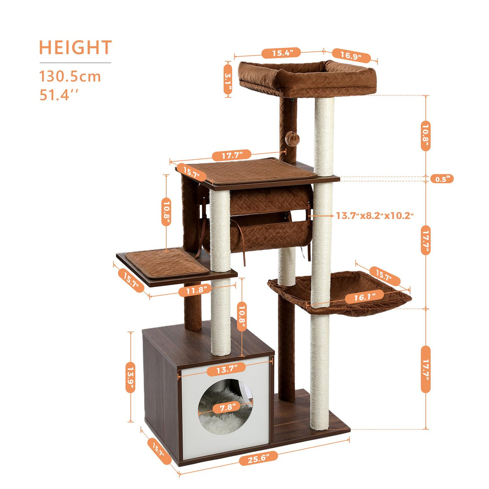51.4 Inches Modern Cat Tree Premium 6 Levels Wooden Cat Tower with Fully Sisal Covered Scratching Posts, Cozy Condo, Spacious Perch, Super Large Hammock and Swing Tunnel for Indoor Cats Brown